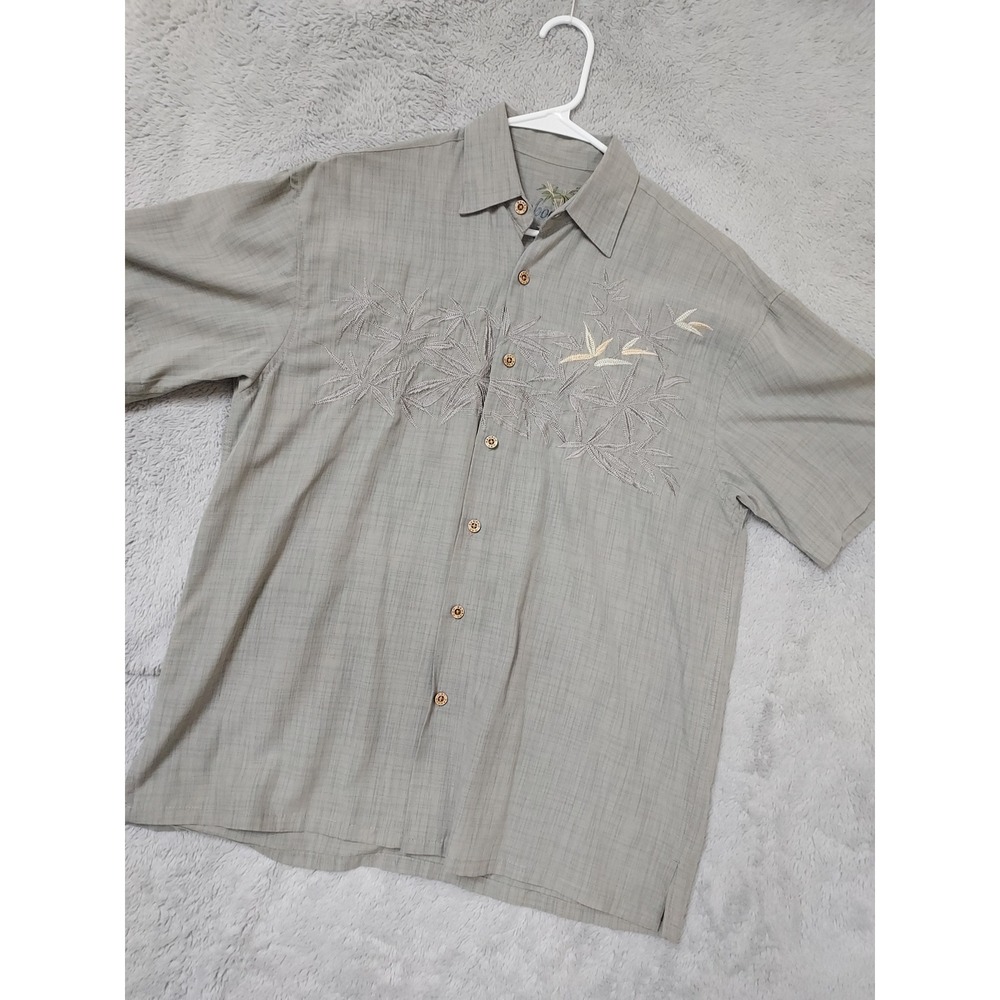 Bamboo Cay Shirt Men Small Embroidered Bamboo Leaf Short Sleeve Gray Embroidered